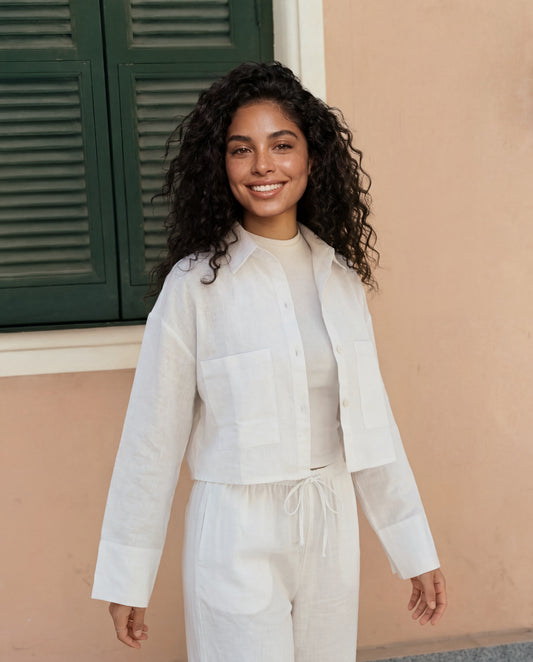 White Linen Boxy Cropped Shirt
