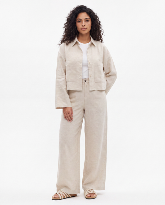 Beige Linen Wide-Leg Pants