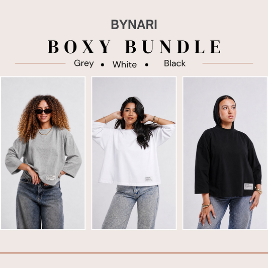 Boxy cropped bundle (light gray, white, black)