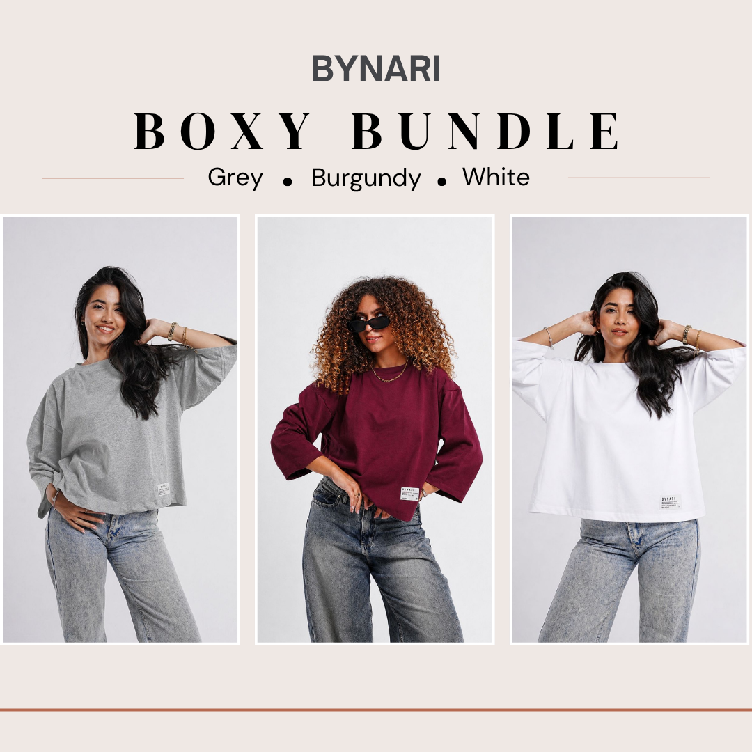 Boxy Cropped Bundle (White, Burgundy, Light Grey)