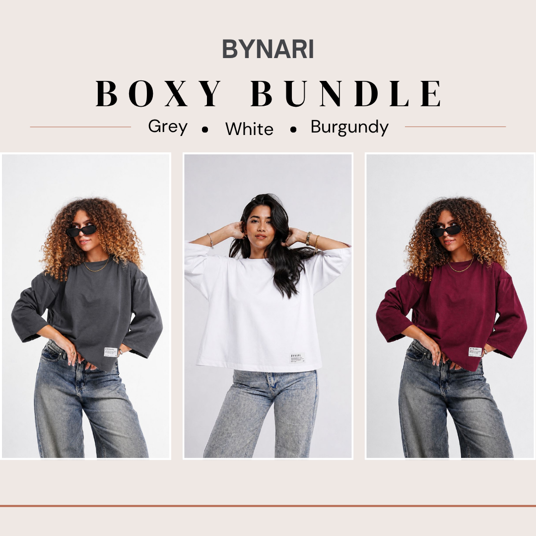 Boxy Cropped Bundle (White, Burgundy, Dark Grey)