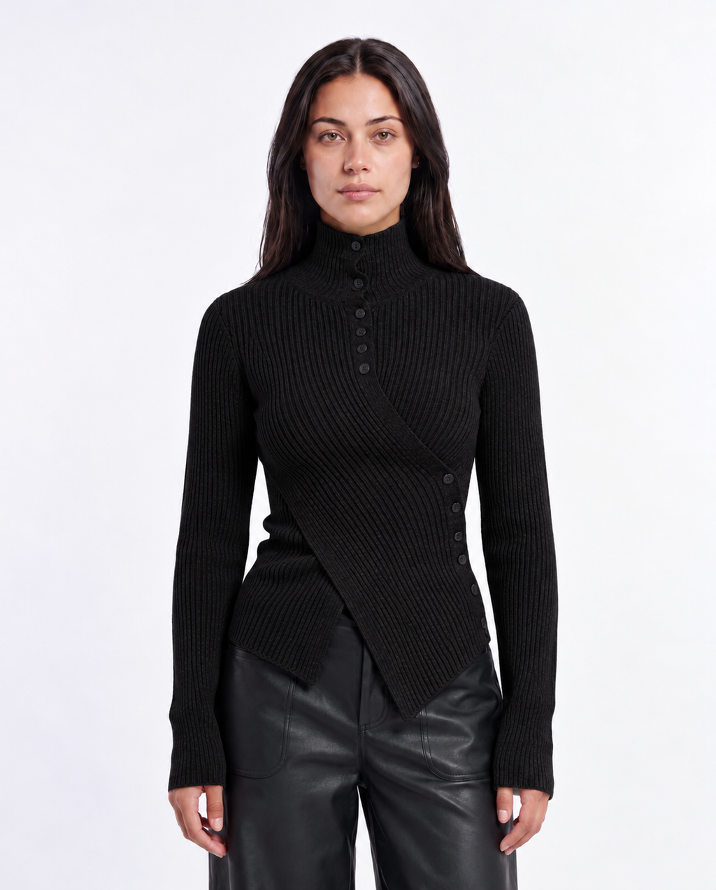 Asymmetric Button Rib Top — Black