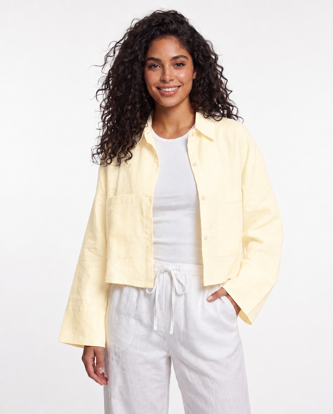 Butter Yellow Linen Boxy Cropped Shirt