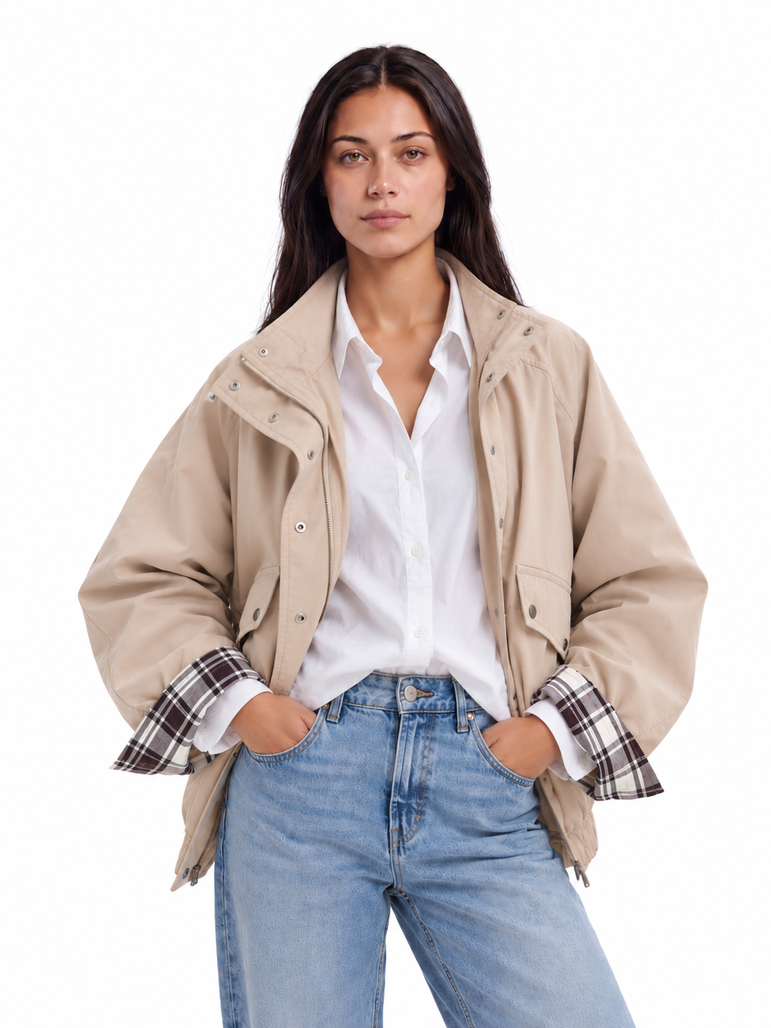 Plaid Cuff Field Jacket — Stone