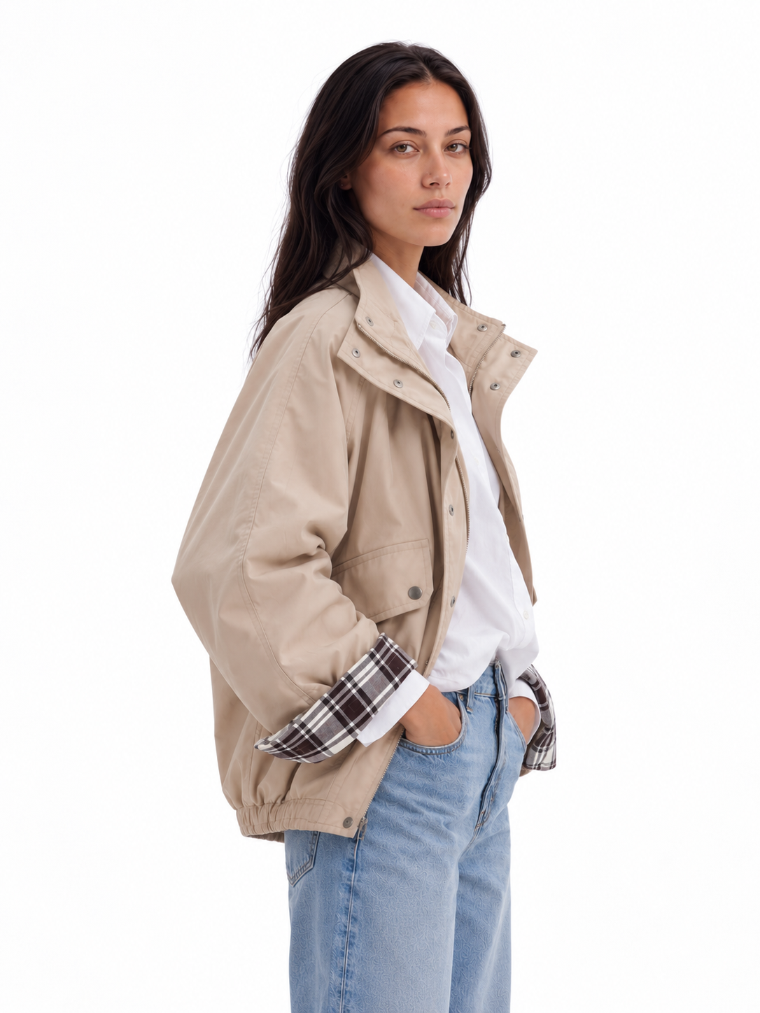 Plaid Cuff Field Jacket — Stone