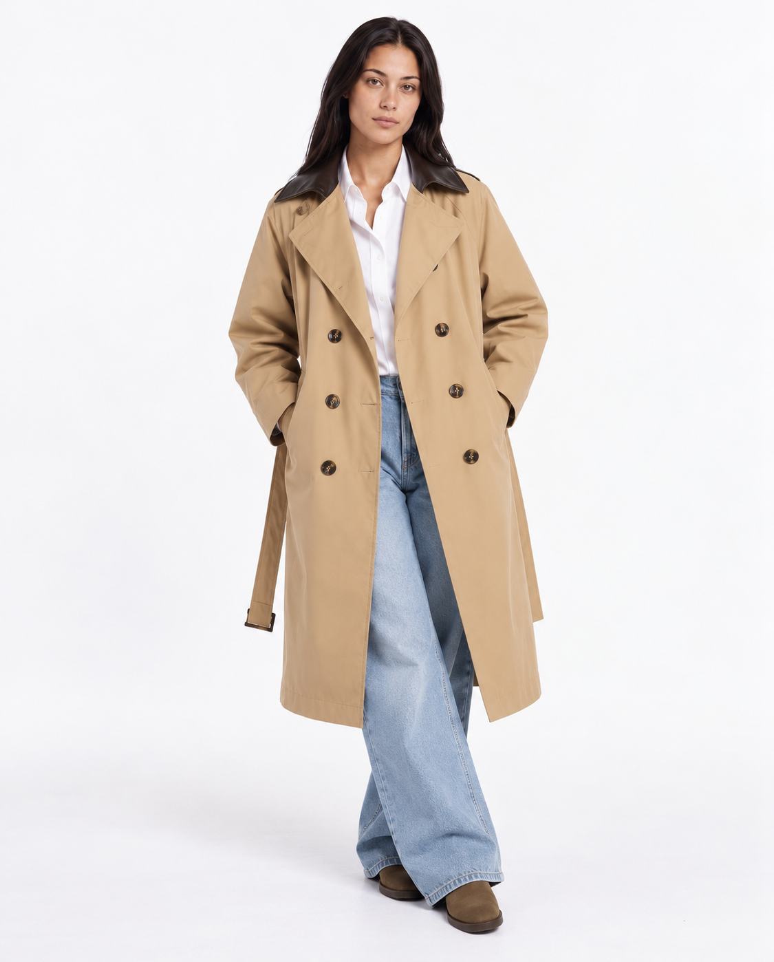 Leather Collar Trench — Camel