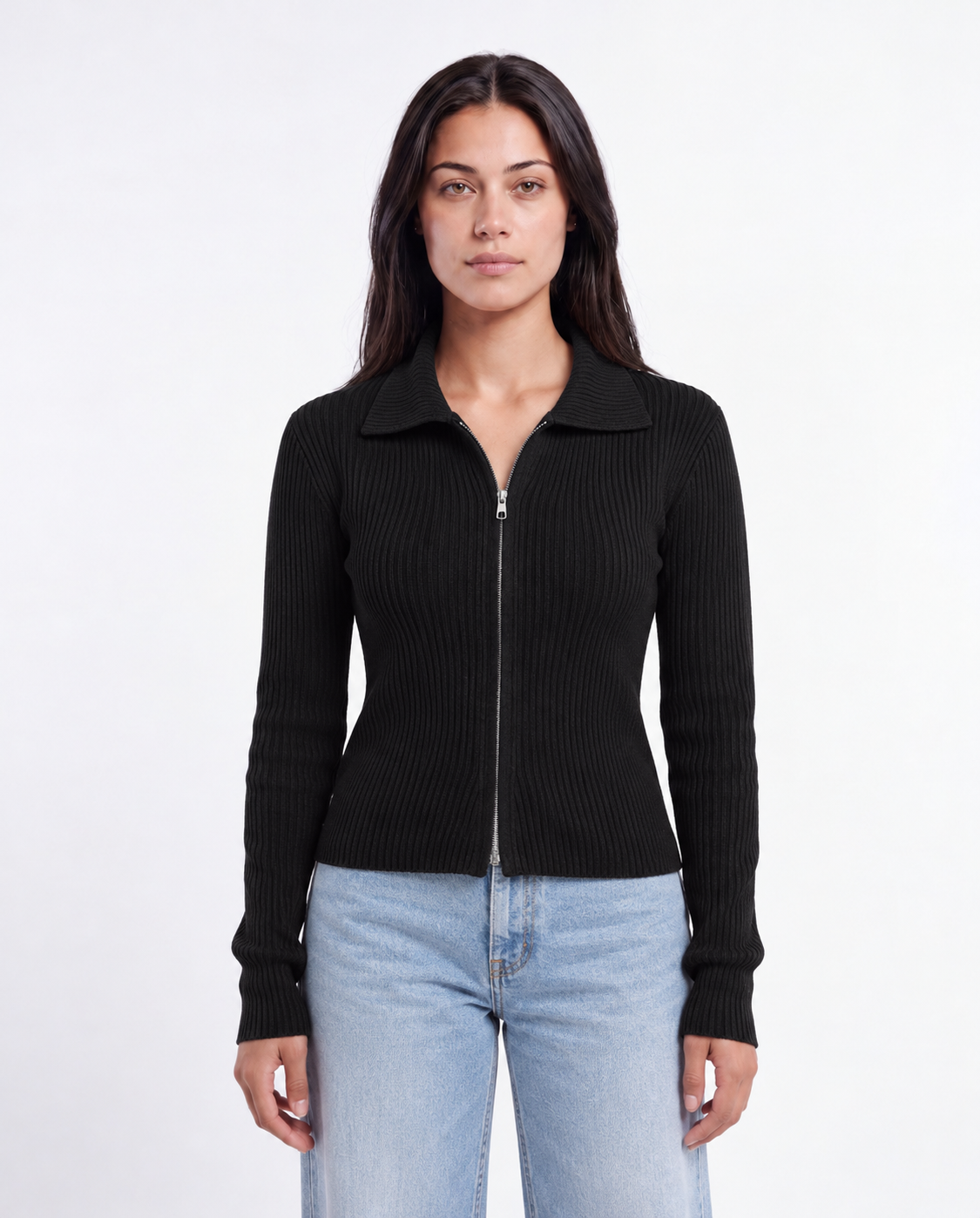 Two-Way Zip Rib Cardigan — Black