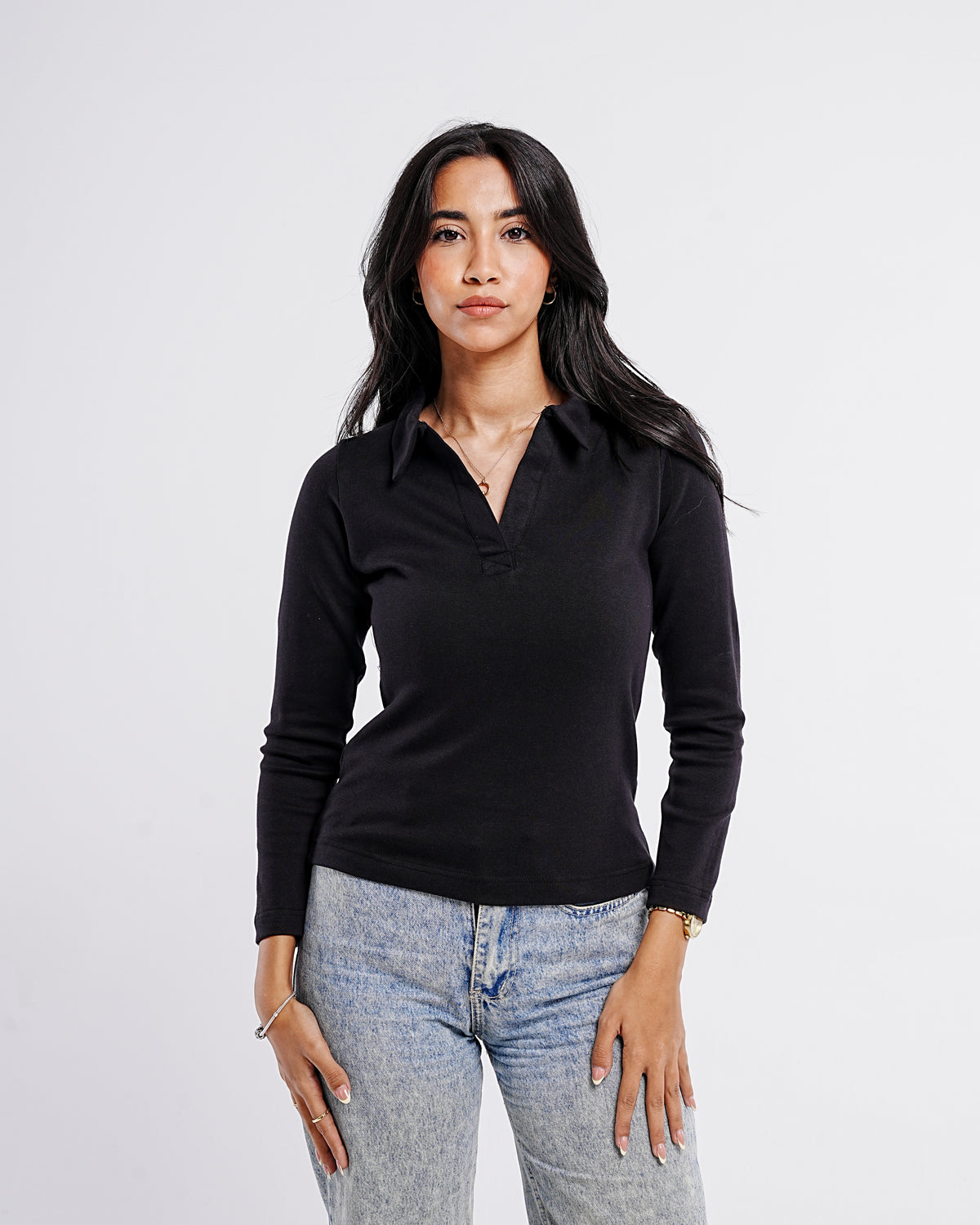 Ribbed Long-Sleeve Polo — Black