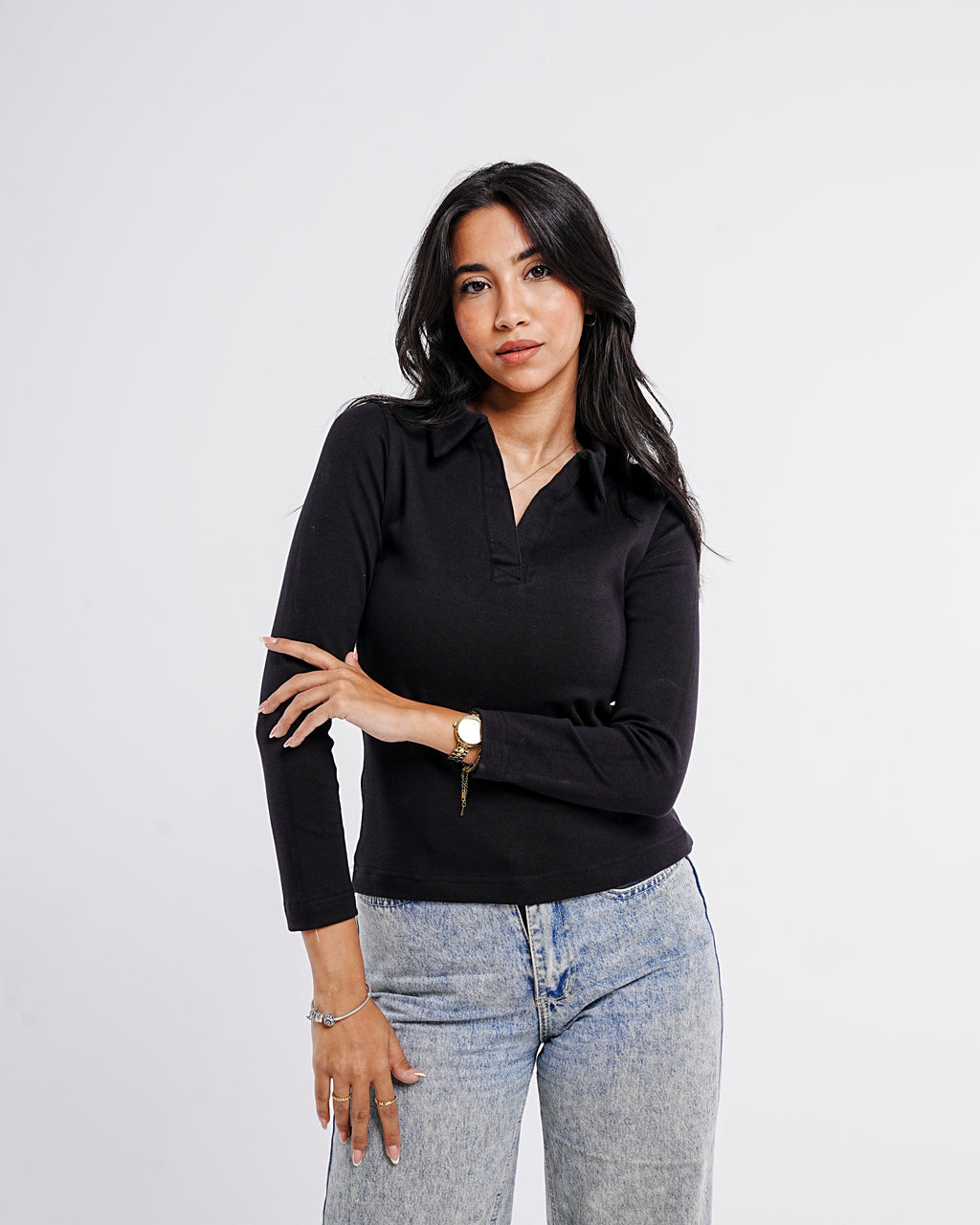 Ribbed Long-Sleeve Polo — Black