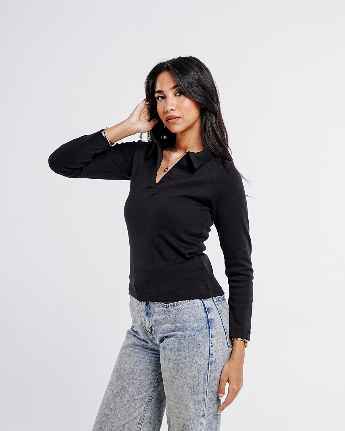 Ribbed Long-Sleeve Polo — Black