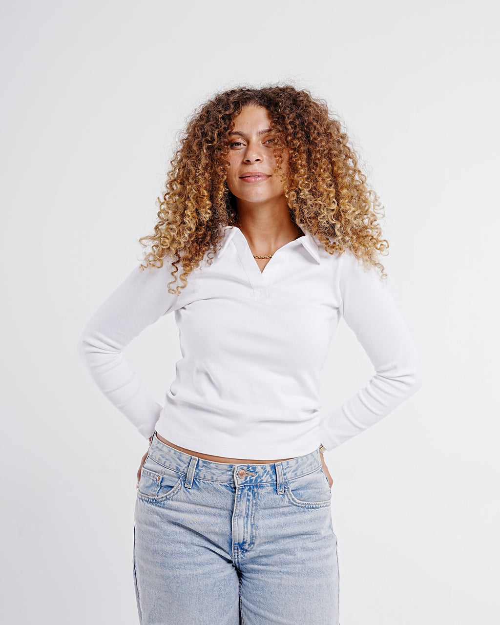 Ribbed Long-Sleeve Polo — White