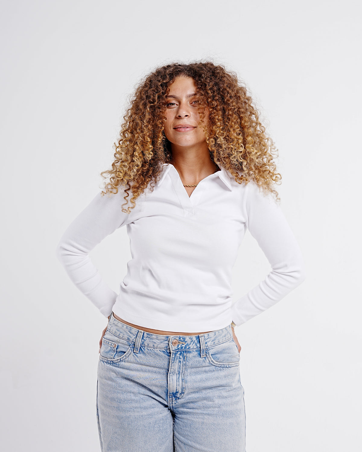 Ribbed Long-Sleeve Polo — White