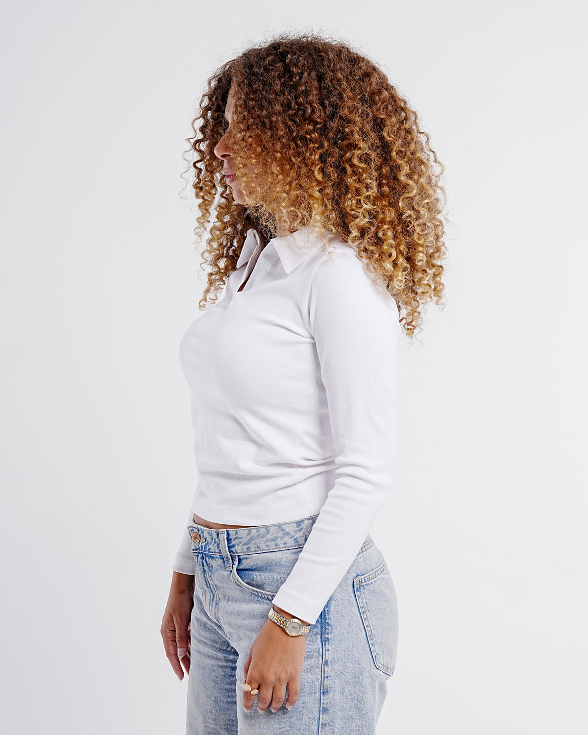 Ribbed Long-Sleeve Polo — White