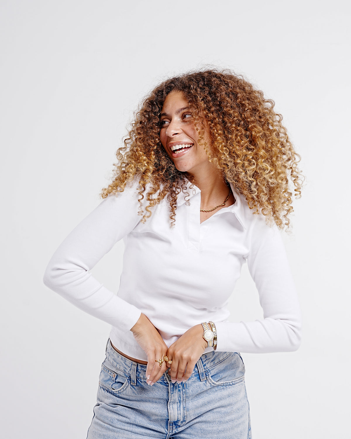 Ribbed Long-Sleeve Polo — White