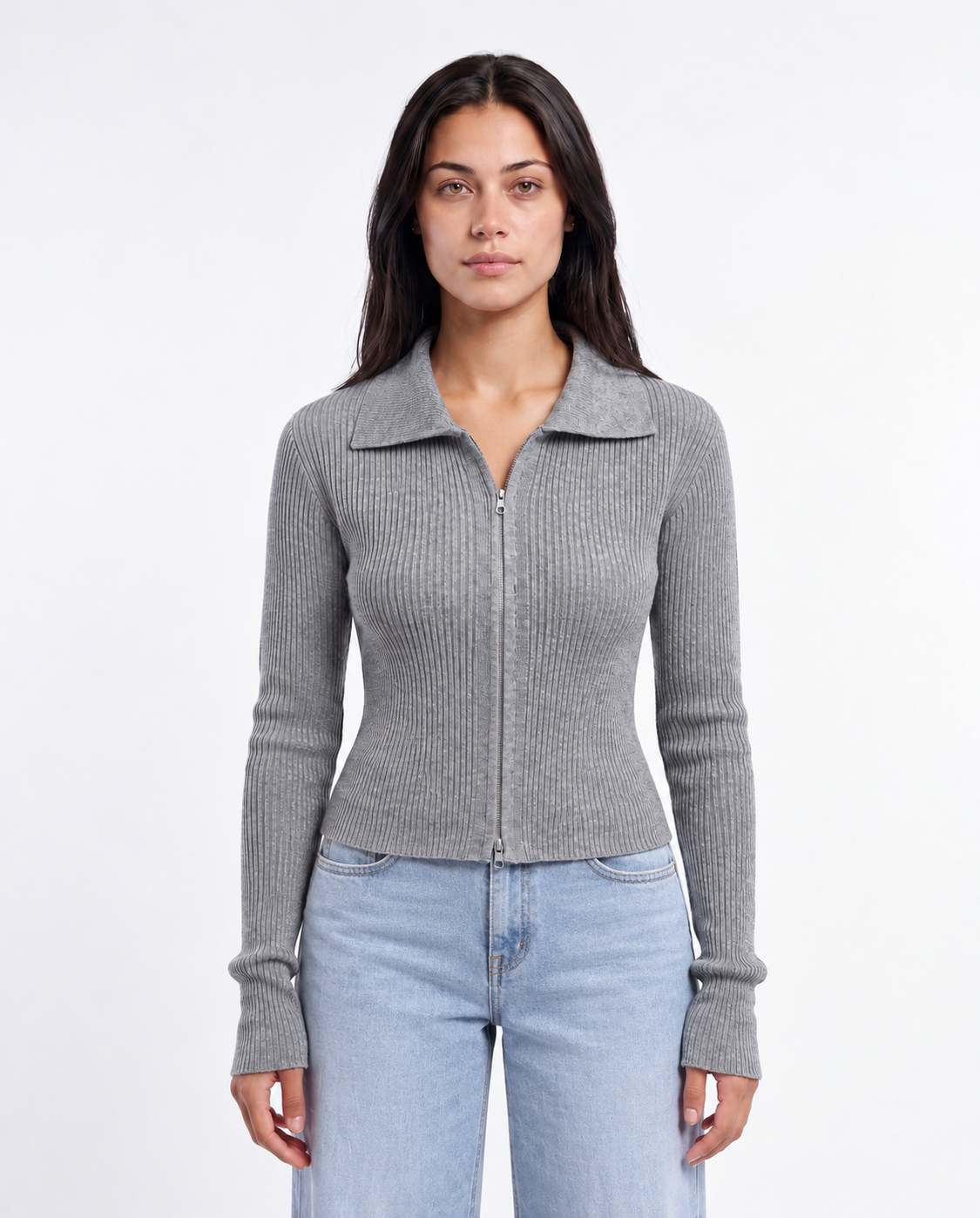 Two-Way Zip Rib Cardigan — Grey