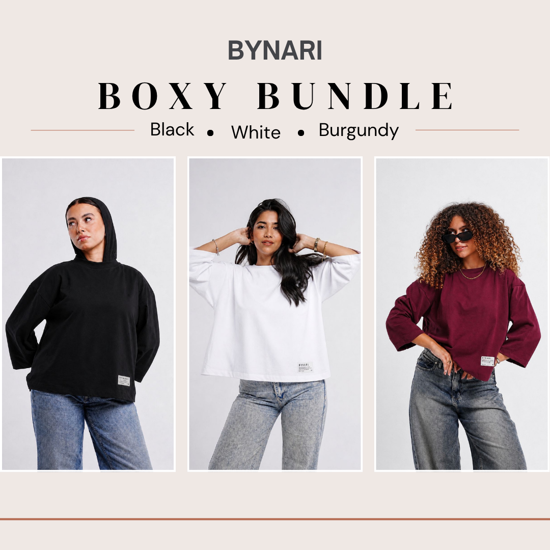 Boxy cropped bundle (black, white, burgundy)