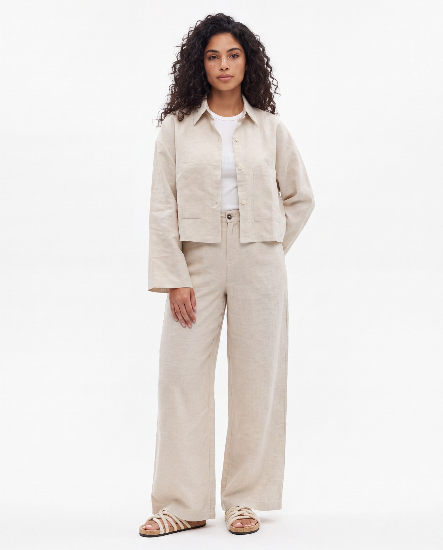 Beige Linen Boxy Cropped Shirt