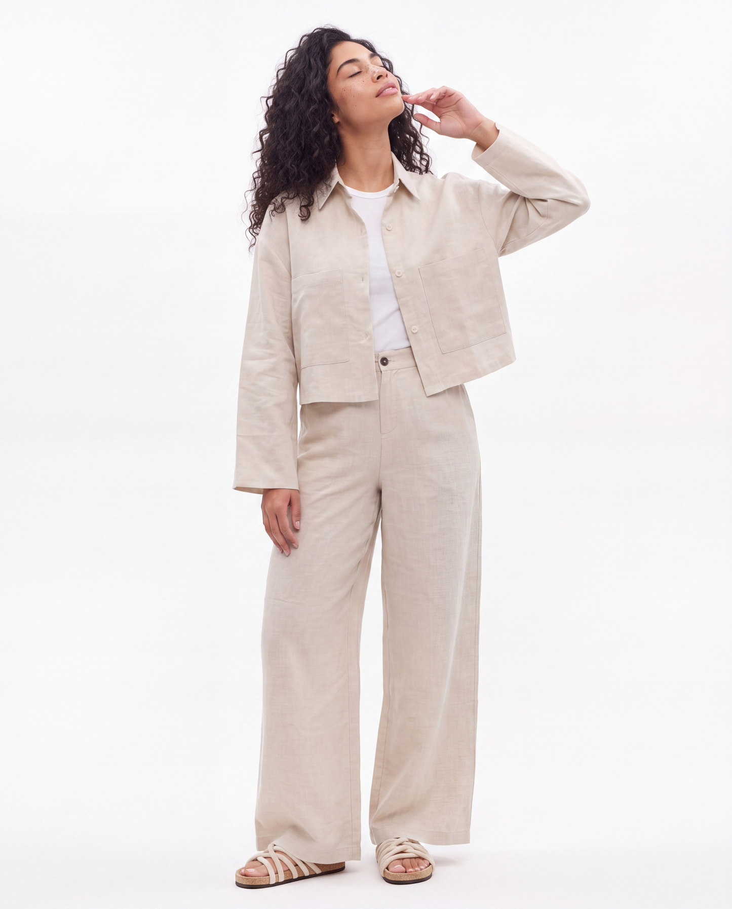 Beige Linen Boxy Cropped Shirt