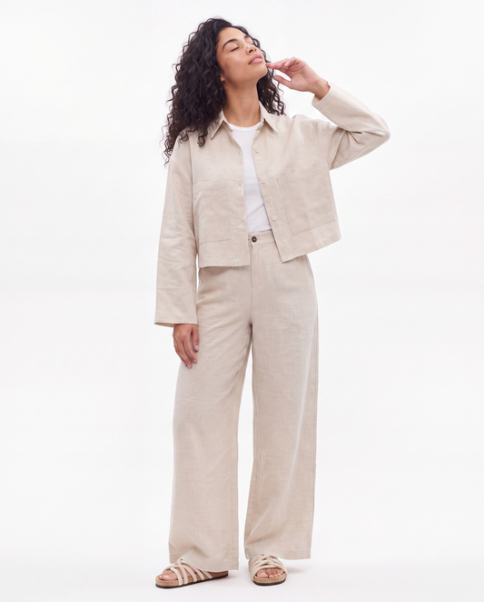 Beige Linen Wide-Leg Pants