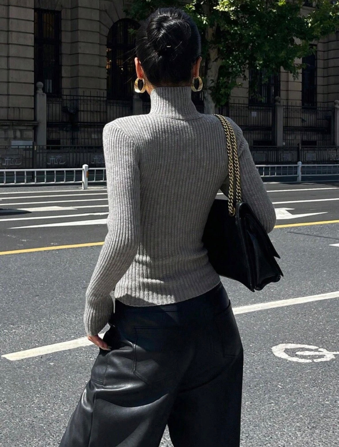 Asymmetric Button Rib Top — Grey