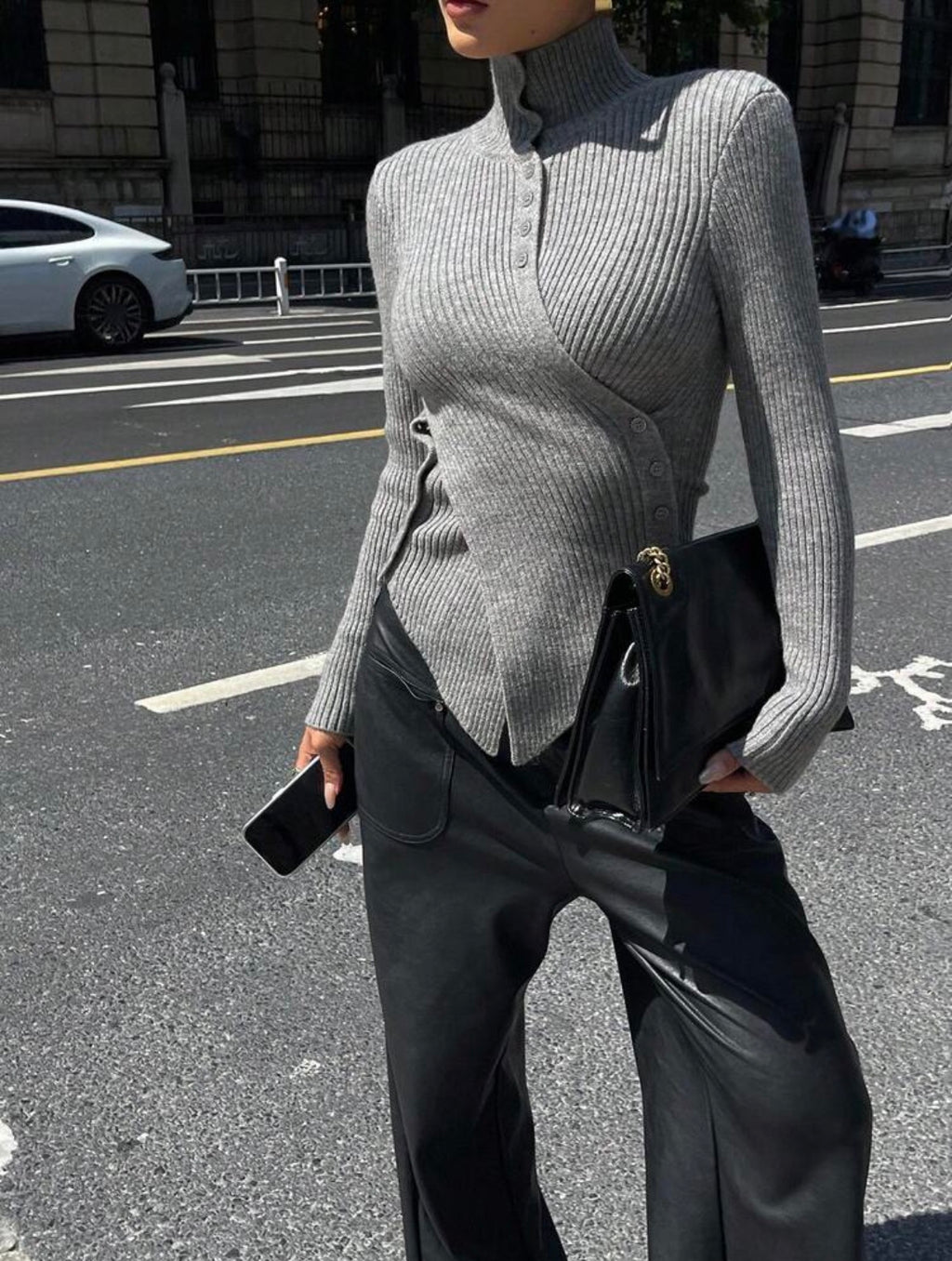 Asymmetric Button Rib Top — Grey