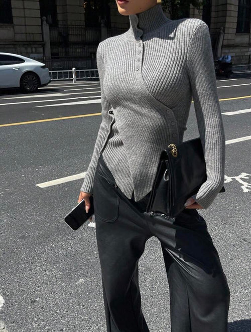 Asymmetric Button Rib Top — White