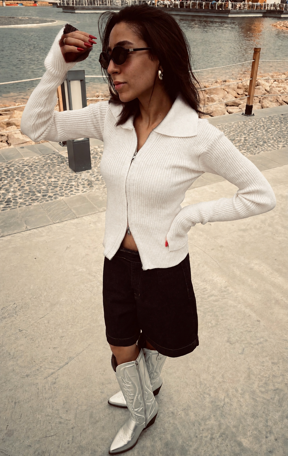 Two-Way Zip Rib Cardigan — Beige