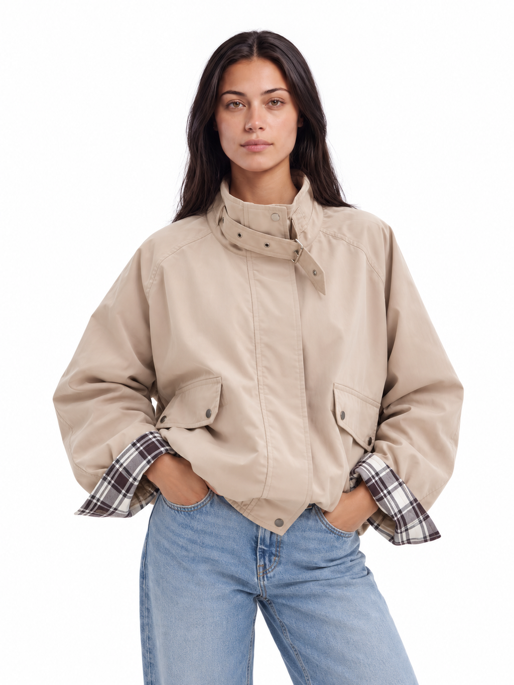 Plaid Cuff Field Jacket — Stone