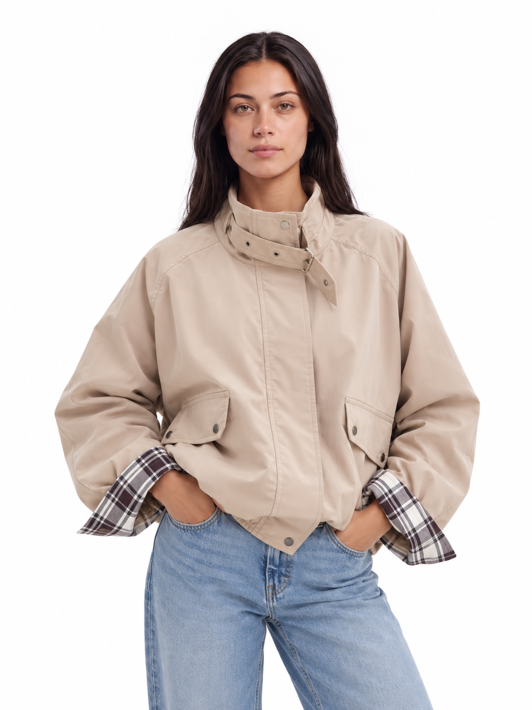 Plaid Cuff Field Jacket — Stone