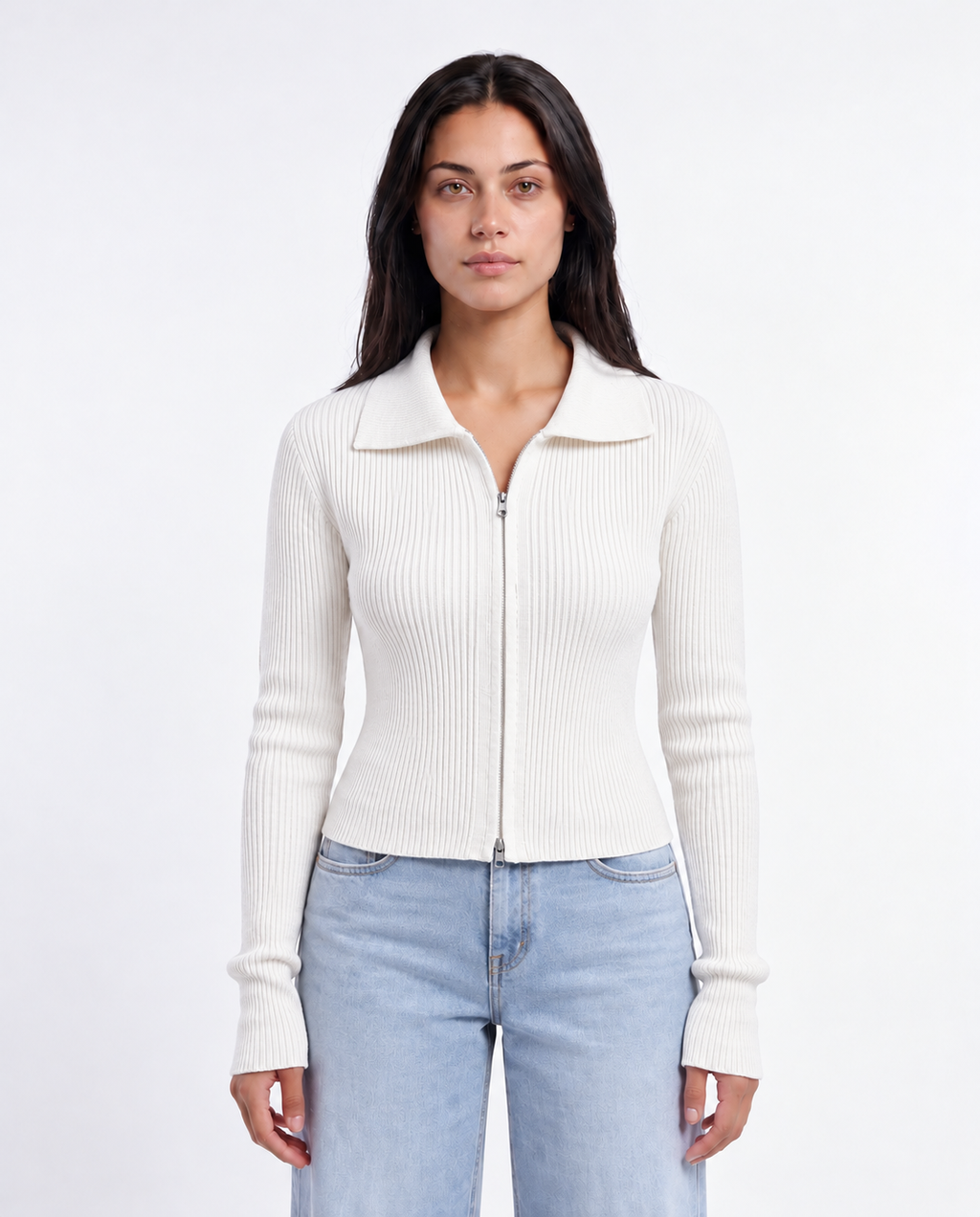 Two-Way Zip Rib Cardigan — White