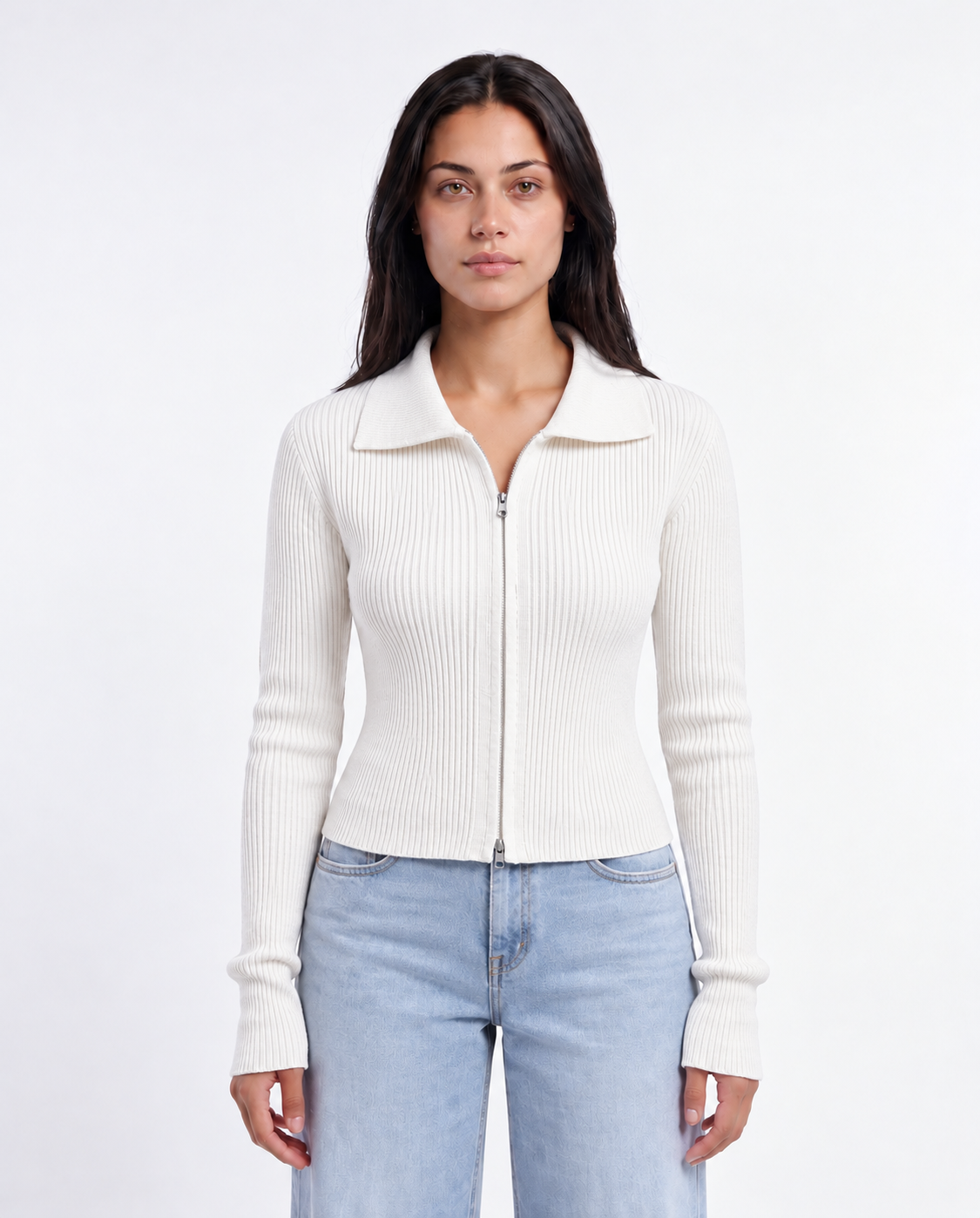 Two-Way Zip Rib Cardigan — White