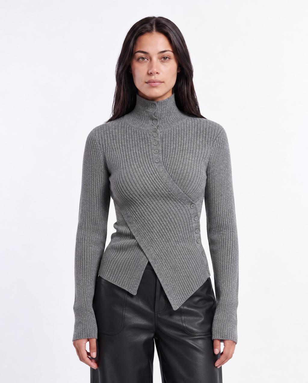 Asymmetric Button Rib Top — Grey