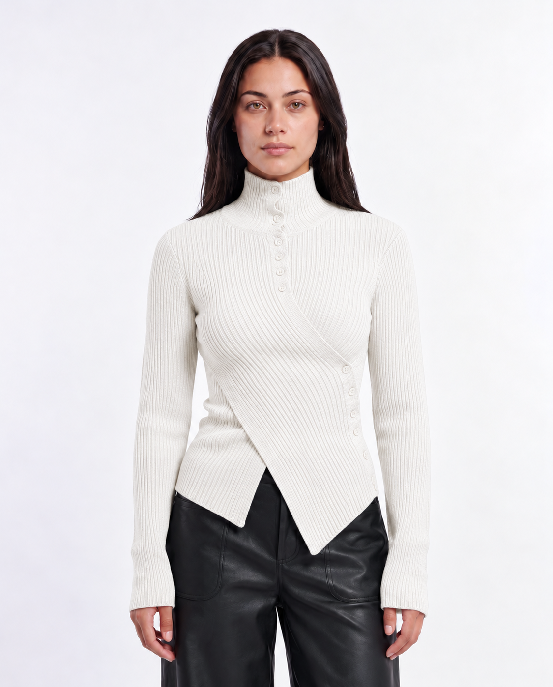 Asymmetric Button Rib Top — White