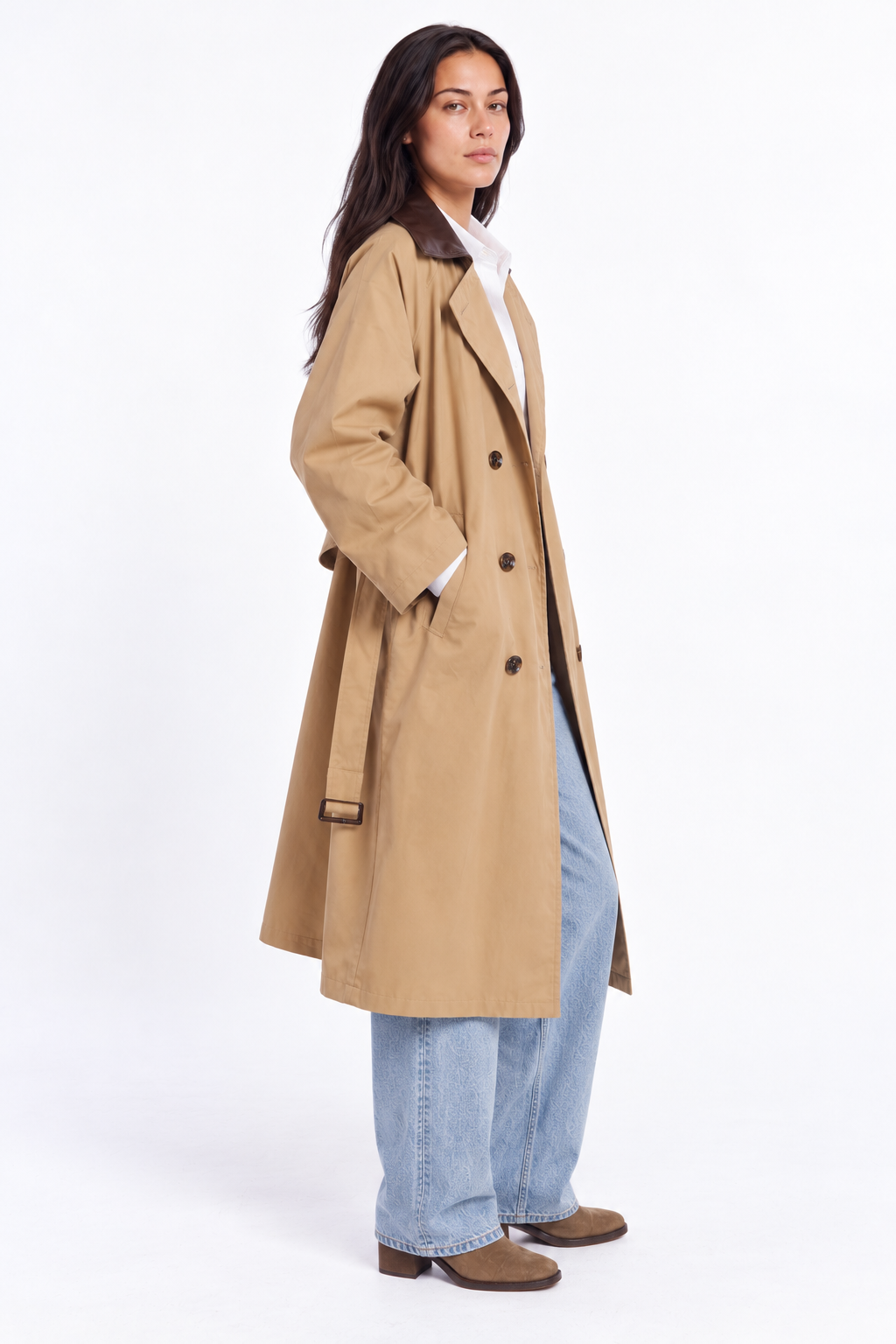 Leather Collar Trench — Camel