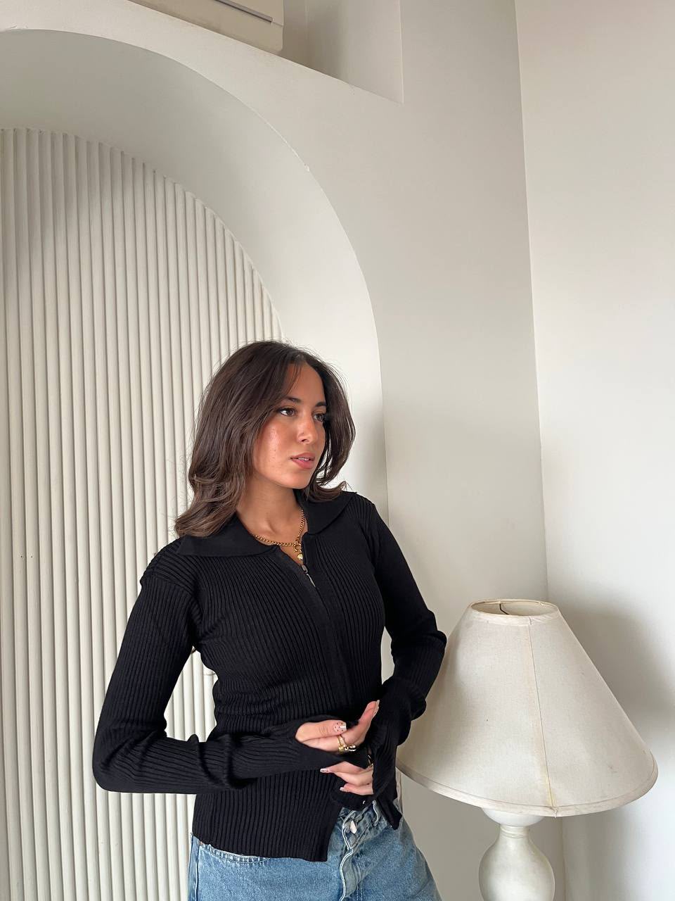 Two-Way Zip Rib Cardigan — Black