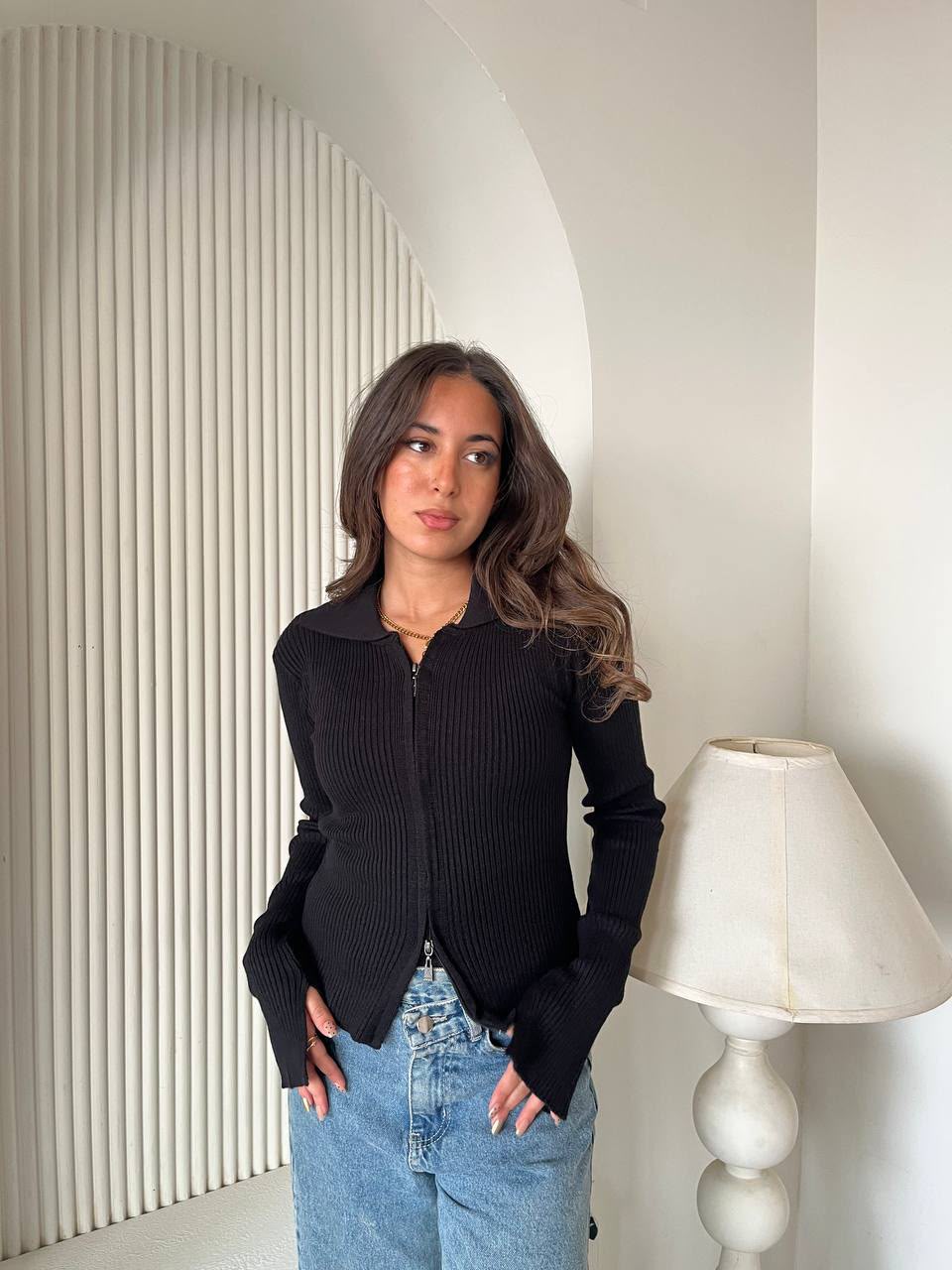Two-Way Zip Rib Cardigan — Black