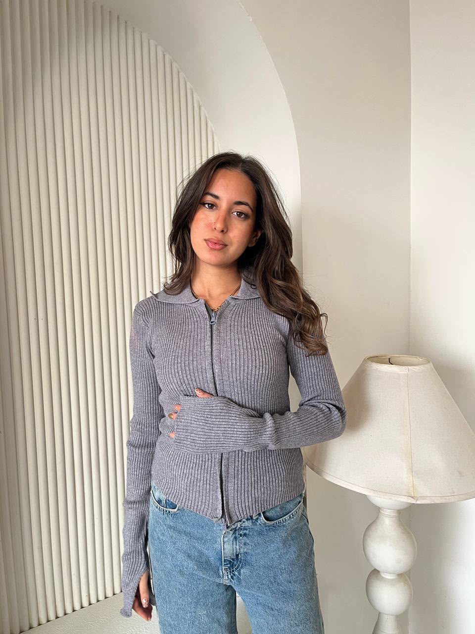 Two-Way Zip Rib Cardigan — Grey