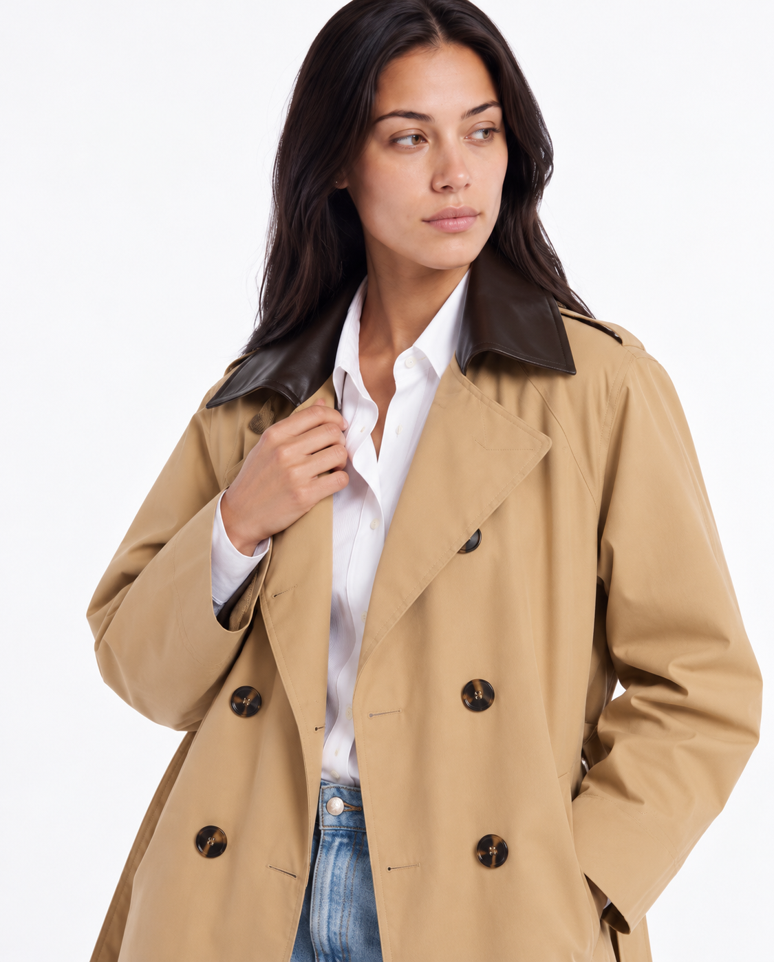 Leather Collar Trench — Camel