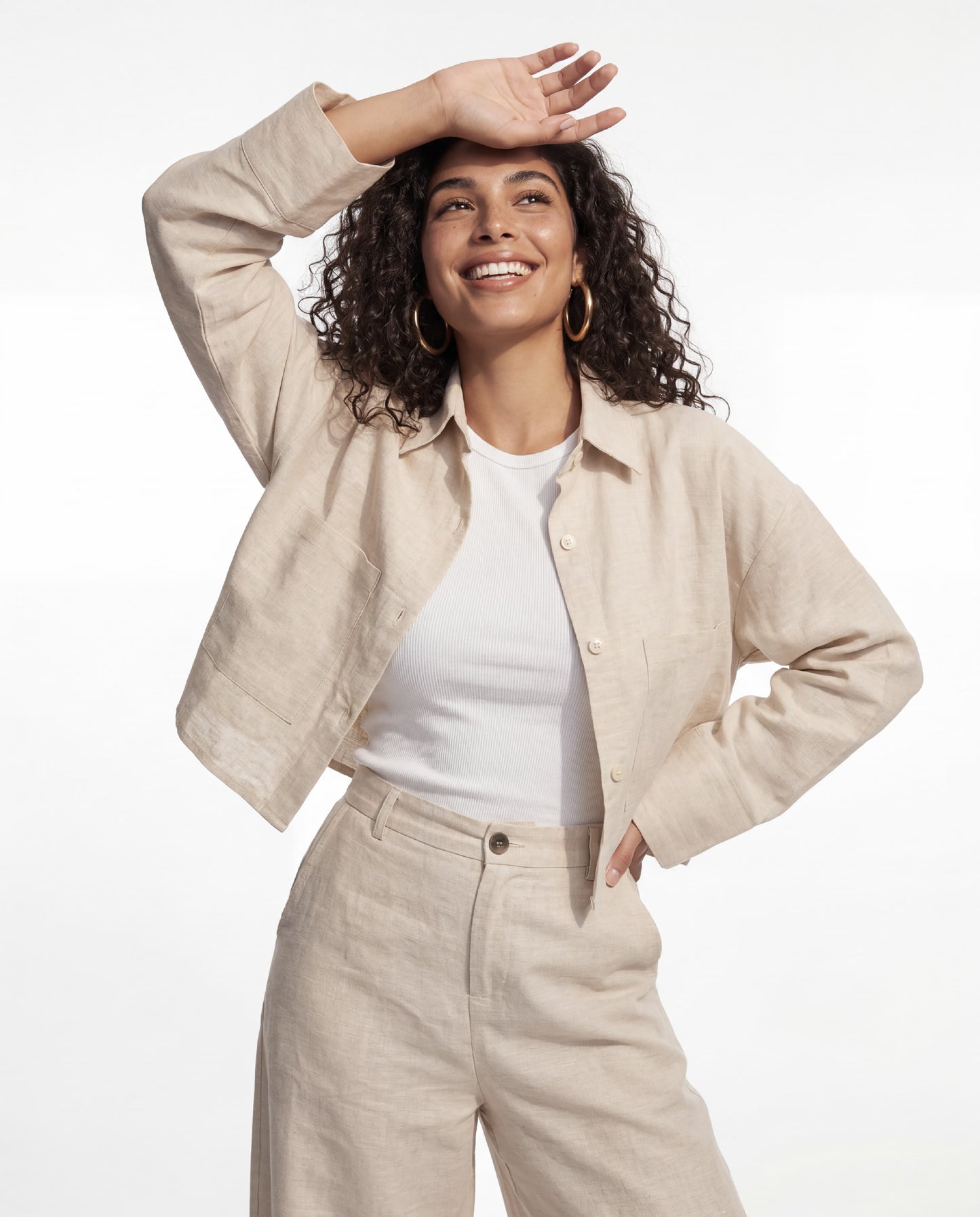 Beige Linen Boxy Cropped Shirt