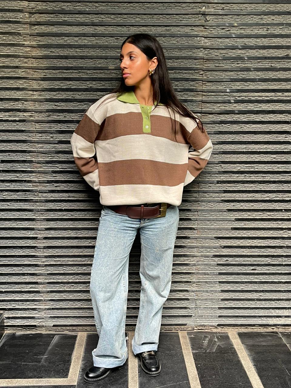 Varsity Stripe Polo — Mocha (Oversized)