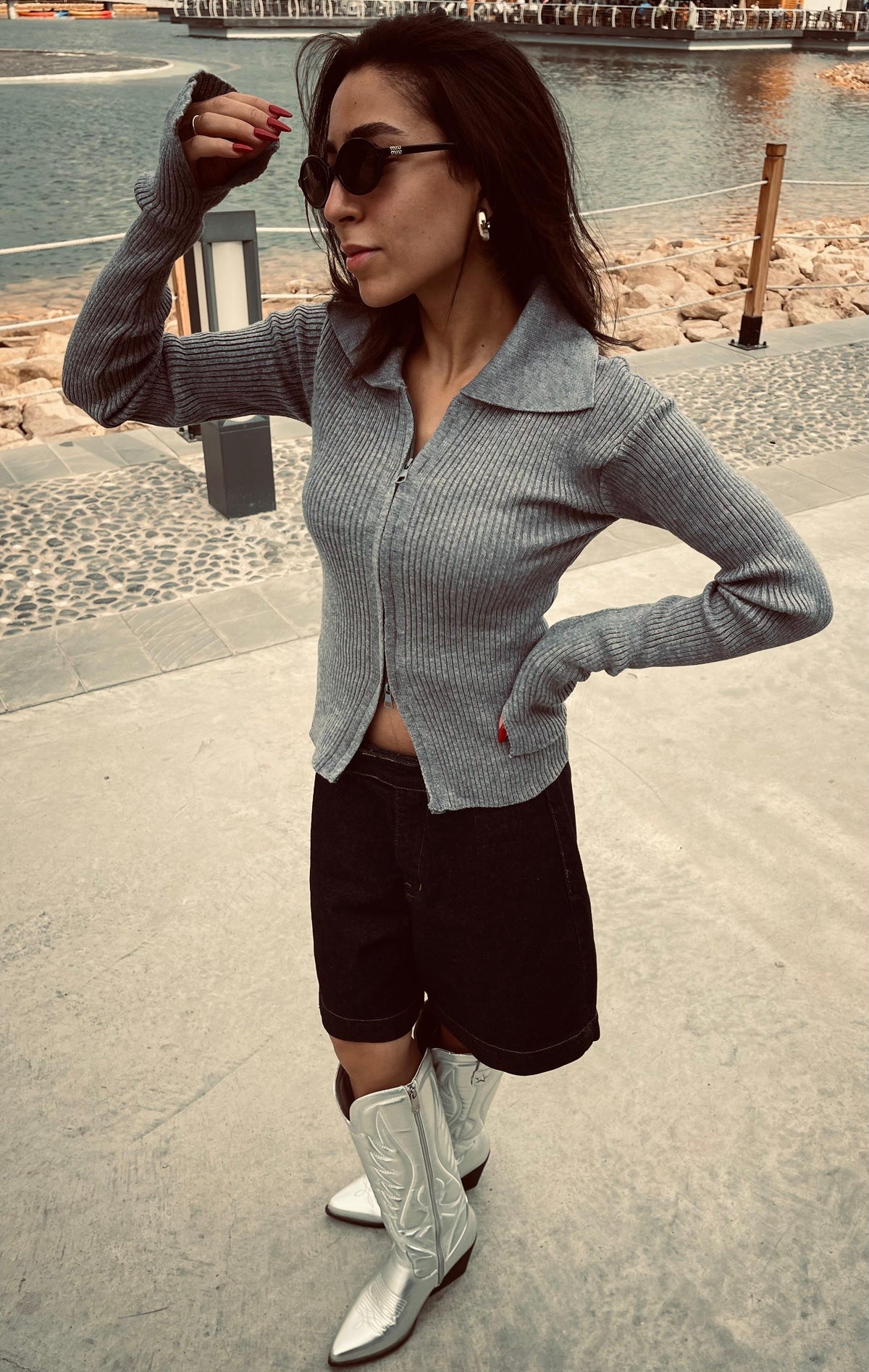 Two-Way Zip Rib Cardigan — Grey