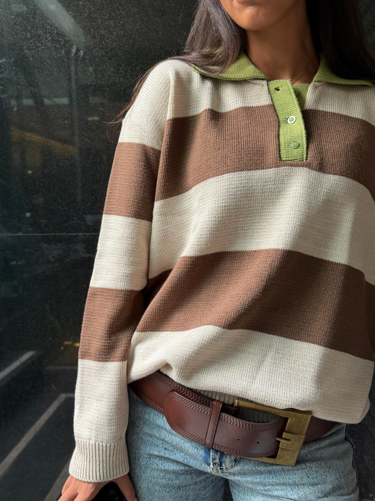 Varsity Stripe Polo — Mocha (Oversized)
