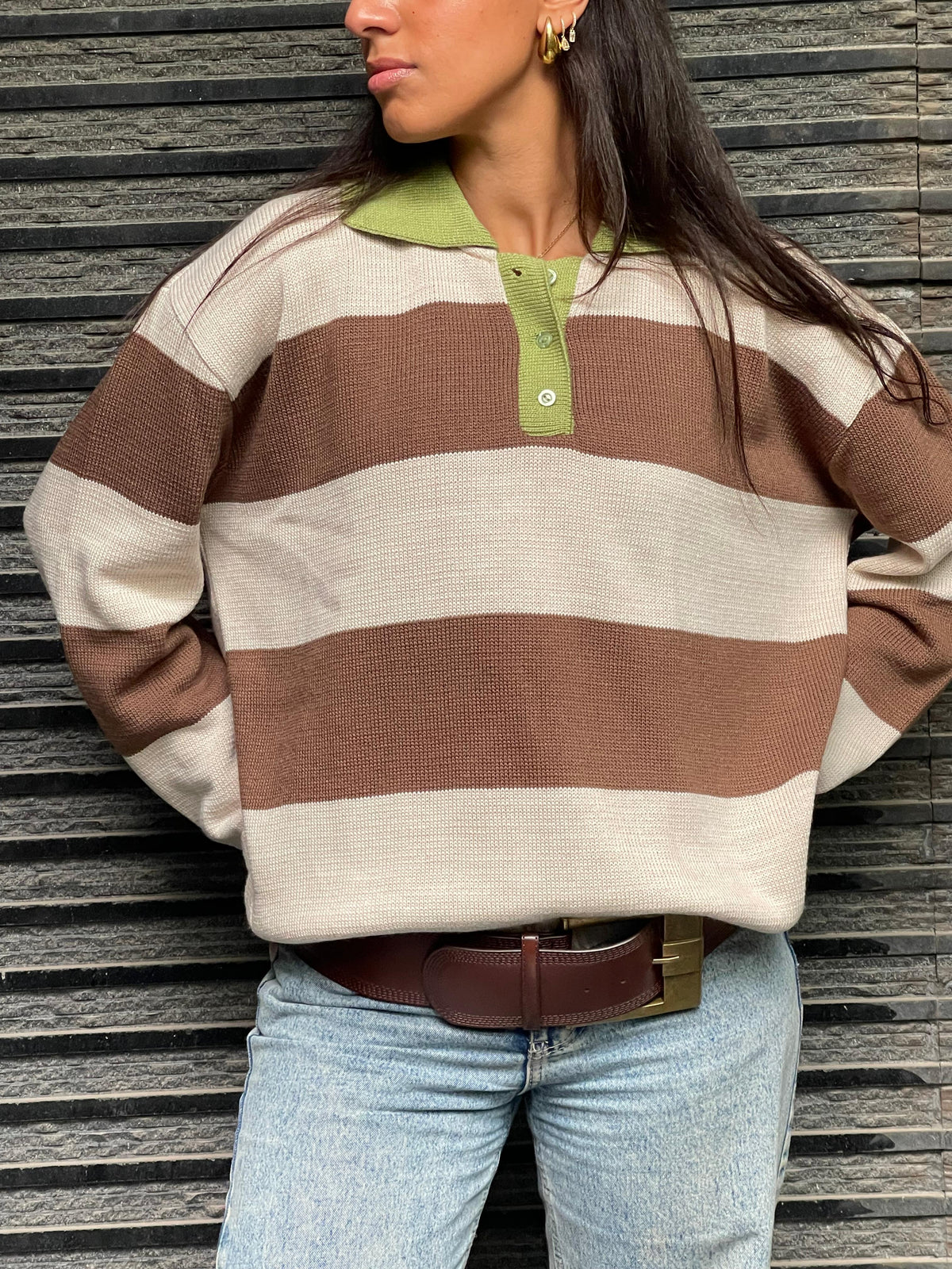 Varsity Stripe Polo — Mocha (Oversized)