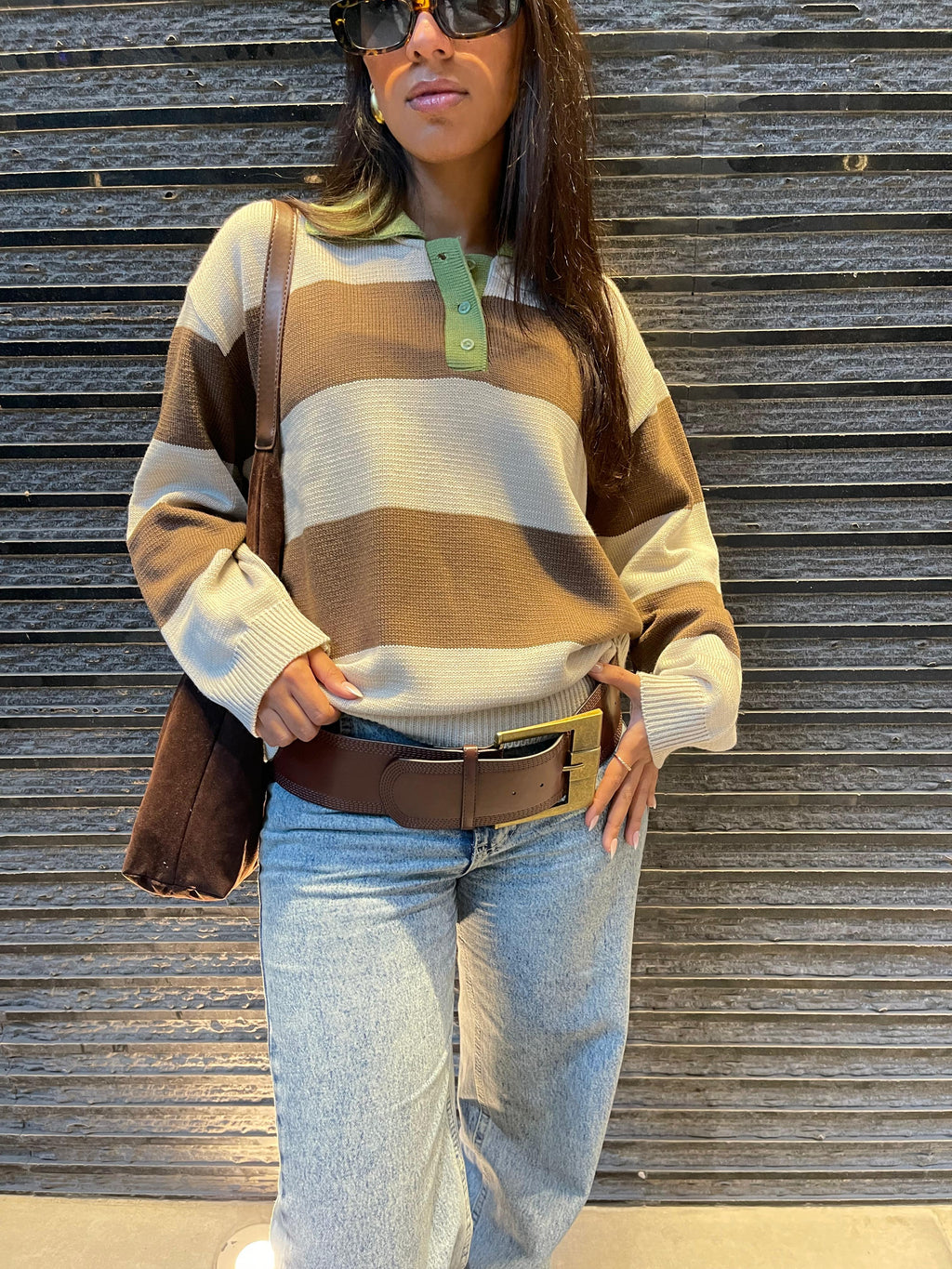 Varsity Stripe Polo — Mocha (Oversized)